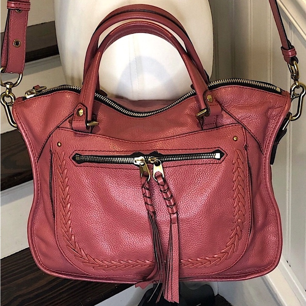 orYANY Dusty Rose Pebbled Leather Top Handle Satchel Braided Design Shoulder Bag